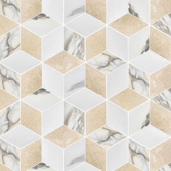 Calacatta Gold, Crema Marfil & White Thassos Trillium Mosaic Honed