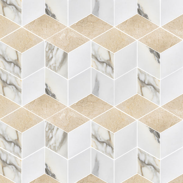 Mosaico Calacatta Gold, Crema Marfil y Thassos Trillium blanco pulido