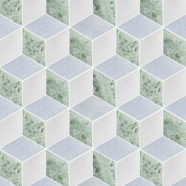 Blue Celeste, Emerald Green & White Thassos Trillium Mosaic Honed