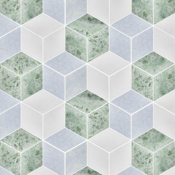 Blue Celeste, Emerald Green & White Thassos Trillium Mosaic Honed
