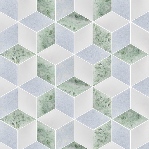 Blue Celeste, Emerald Green & White Thassos Trillium Mosaic Honed
