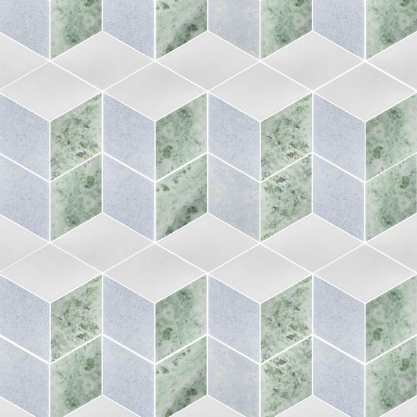 Blue Celeste, Emerald Green & White Thassos Trillium Mosaic Honed