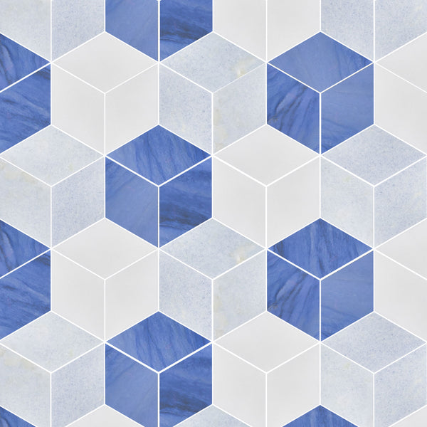 Mosaico Azul Macaubas, Azul Celeste y Blanco Thassos Trillium Pulido