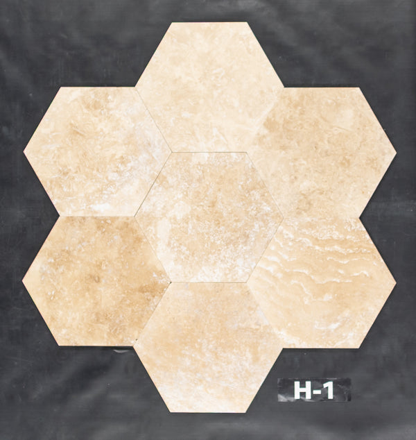 Travertino marfil claro de corte transversal, hexágono de 10,5" pulido y relleno