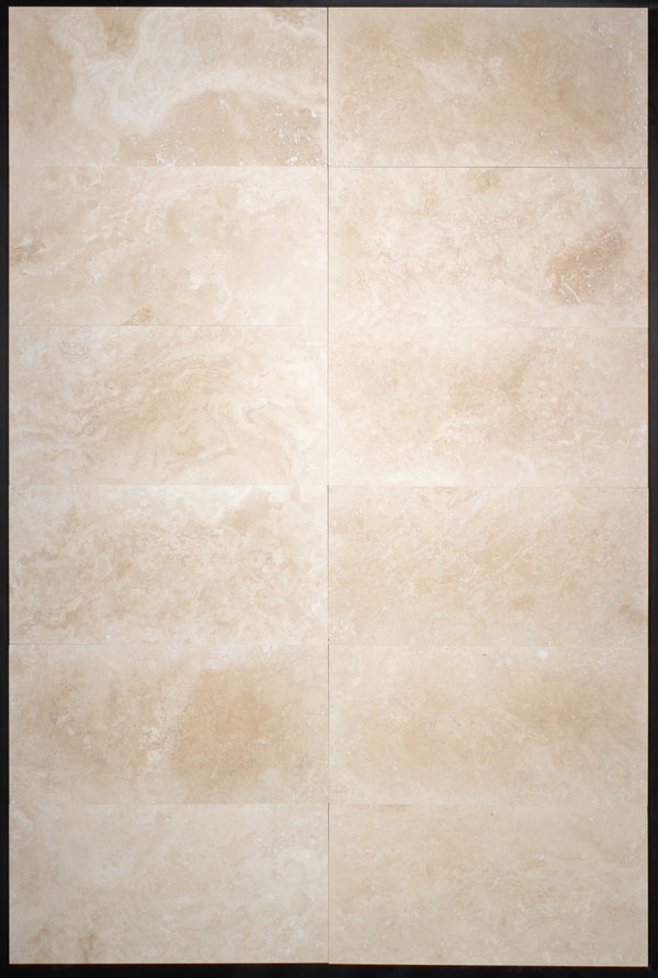 Travertino marfil claro de corte transversal, 12" x 24", pulido y relleno