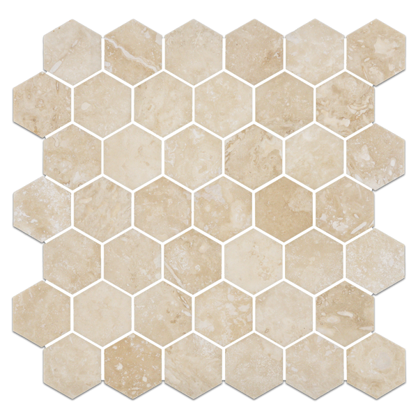 Cross-Cut Light Ivory Travertine 2" Hexagon Mosaic Honed & Filled