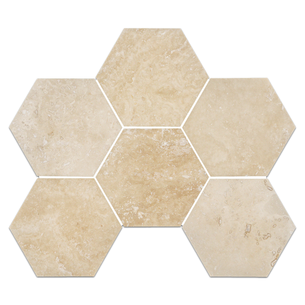 Cross-Cut Light Ivory Travertine 5" Hexagon Mosaic Honed & Filled