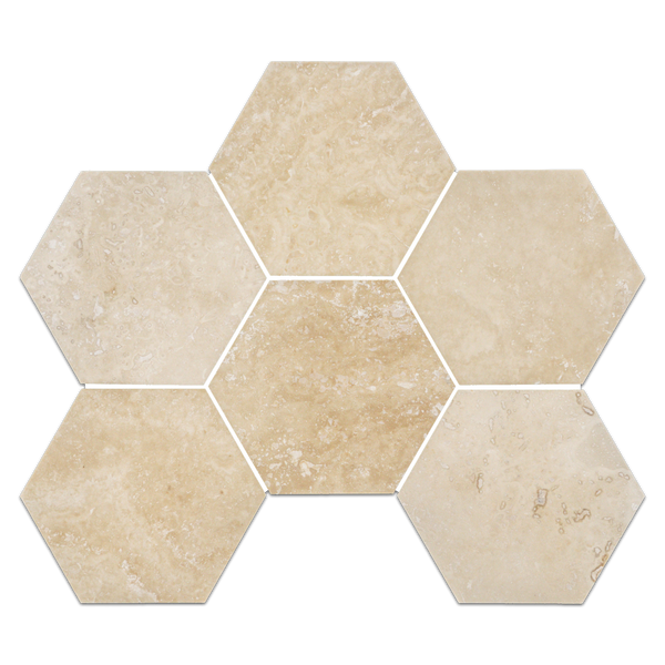Mosaico hexagonal de travertino marfil claro de corte cruzado, pulido y relleno de 5"