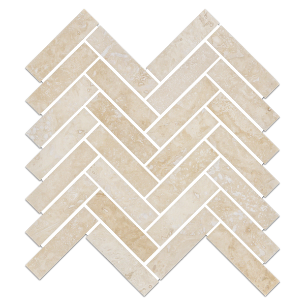 Travertino marfil claro de corte cruzado, mosaico en espiga de 1" x 4", pulido y relleno