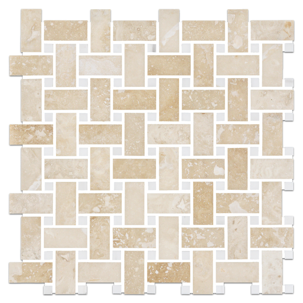 Cross-Cut Light Ivory Travertine Basketweave with 3/8" Dolomite Dot Mosaic Honed & Filled