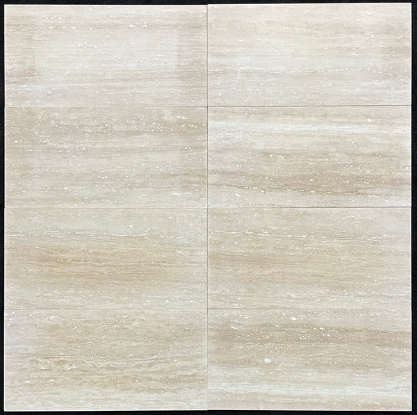 Travertino marfil claro con corte de vena, 12" x 24", pulido y relleno