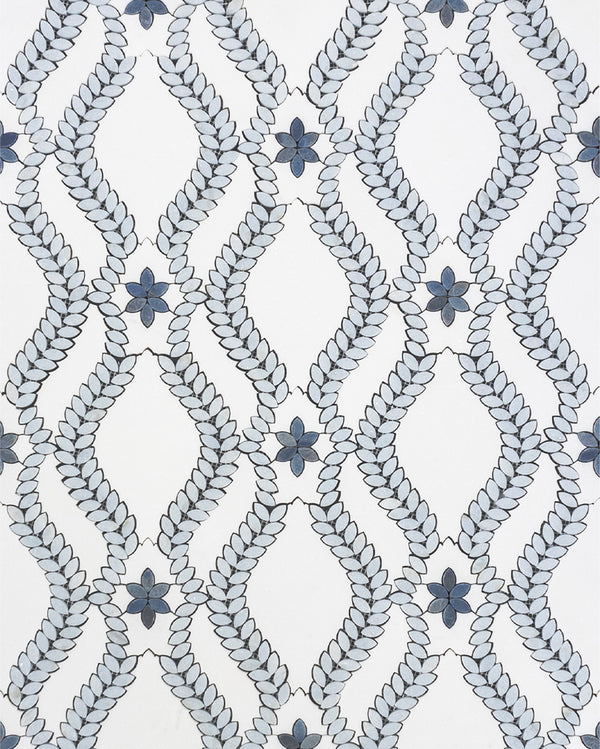 White Thassos Lillia with Blue Celeste & Azul Macauba Waterjet Mosaic Polished