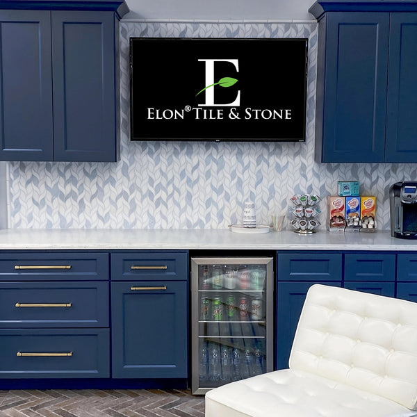 White Thassos Petal with Blue Celeste Mosaic Honed