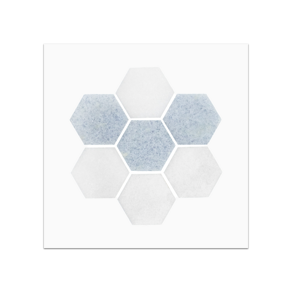 S101 - Blue Celeste 2" Hexagon with White Thassos Mosaic Polished Swatch Card