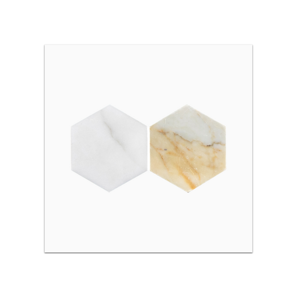 S104H - Calacatta Gold 3" Hexagon Mosaic Honed Swatch Card