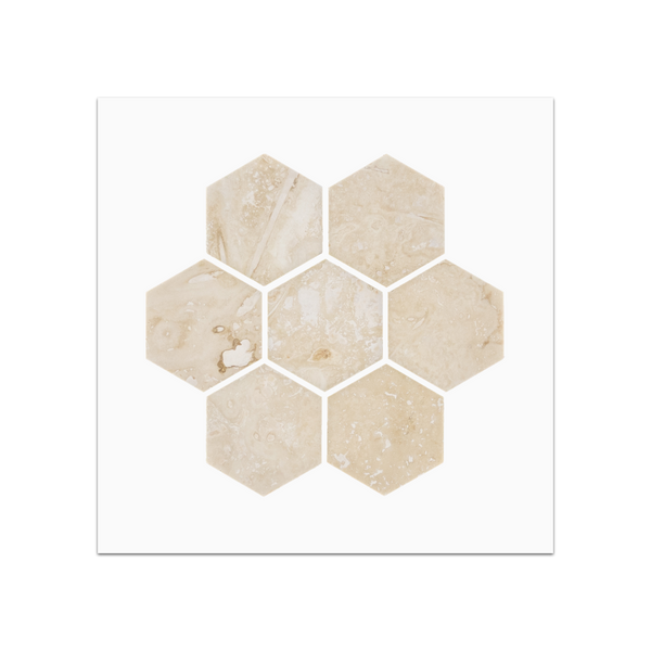 S129 - Muestra de mosaico hexagonal de travertino marfil claro de 2" pulido y relleno