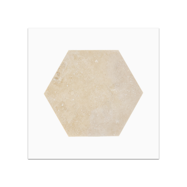 S130 - Muestra de mosaico hexagonal de travertino marfil claro de 5" pulido y relleno
