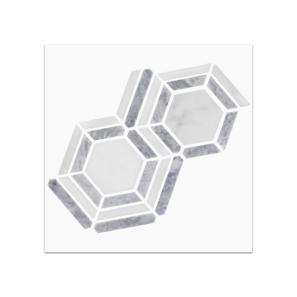 S135 - Pearl White - Kaleidoscope with Pacific Gray Mosaic Honed Swatch Card