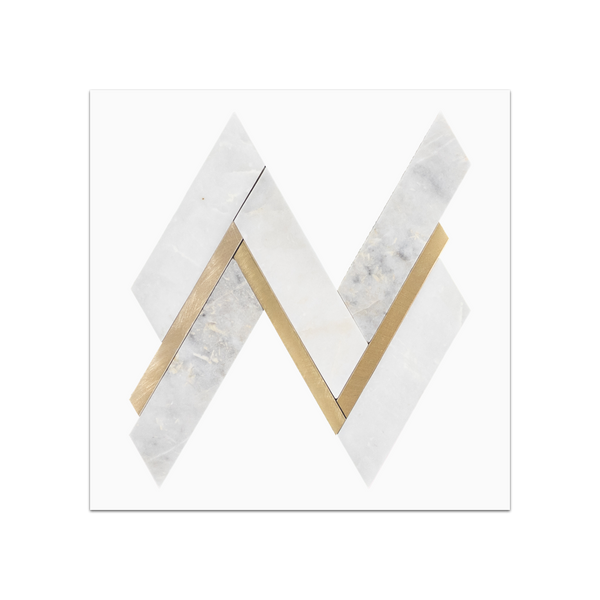 S1 - Tarjeta muestrario pulida con mosaico de aluminio dorado en espiga Bianco Oro