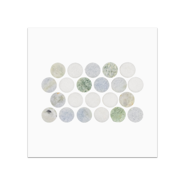 S204 - Rondas de 1" azul celeste con tarjeta de muestra pulida con mosaico Thassos verde y blanco Ming