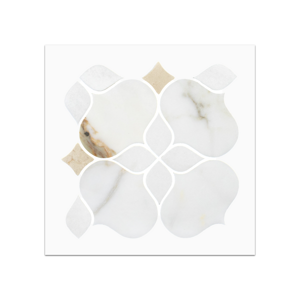 S227 - Silueta Dorada Calacatta con Crema Marfil y Mosaico Blanco Thassos Tarjeta Muestra Pulida