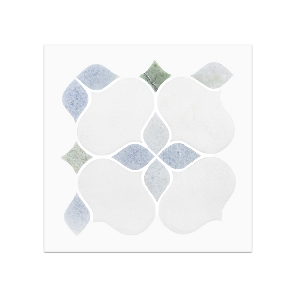S229 - Silueta de Thassos blanca con mosaico azul celeste y verde Ming Tarjeta muestra pulida