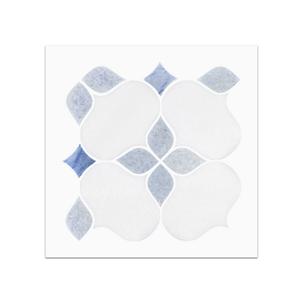 S230 - Silueta de Thassos blanca con muestra pulida de mosaico azul Celeste y Azul Macauba