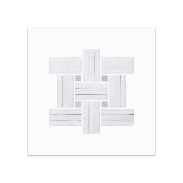 S275 - Tri-Weave Thassos blanco con mosaico de puntos azul Celeste Tarjeta de muestra pulida
