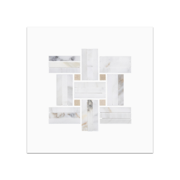 S277 - Calacatta Tri-Weave con muestra pulida de mosaico de puntos Crema Marfil de 3/8"