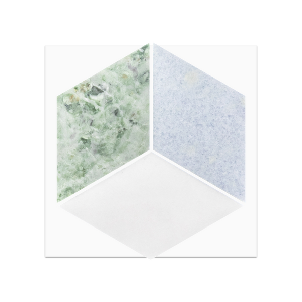 S315 - White Thassos, Blue Celeste & Emerald Green Trillium Mosaic Honed Swatch Card