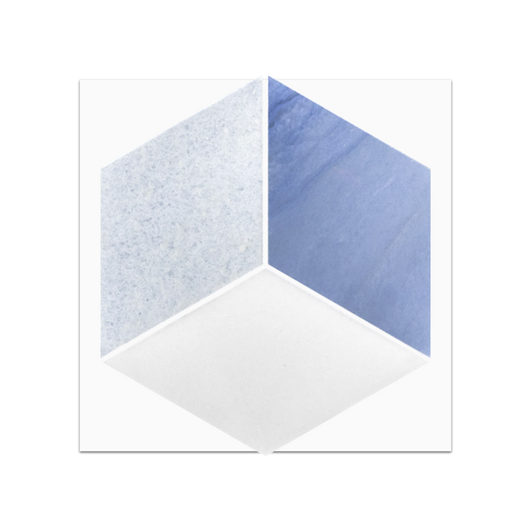 S316 - White Thassos, Blue Celeste & Azul Porcelain Trillium Mosaic Polished Swatch Card