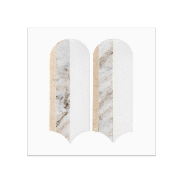 S362 - Crema Marfil, Bianco Oro & White Thassos Tri-Blend Wave Mosaic Honed Swatch Card