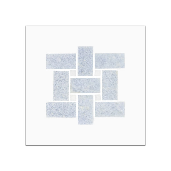 S37 - Tejido de cesta azul celeste con tarjeta de muestra pulida con mosaico de puntos Thassos blanco de 3/8"