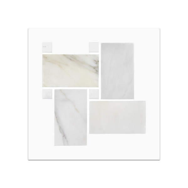 S40 - Tejido de cesta extra grande en oro Calacatta con tarjeta de muestra pulida con mosaico de puntos Thassos blanco de 5/8"