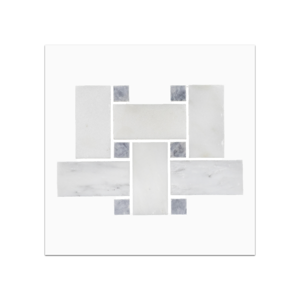 S50 - Pearl White Basketweave with Pacific Gray 5/8" Dot Mosaic Honed Swatch Card