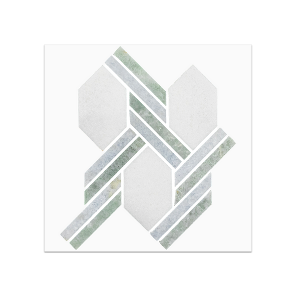 S61 - White Thassos Captiva with Blue Celeste and Ming Green Mosaic Polished Swatch Card