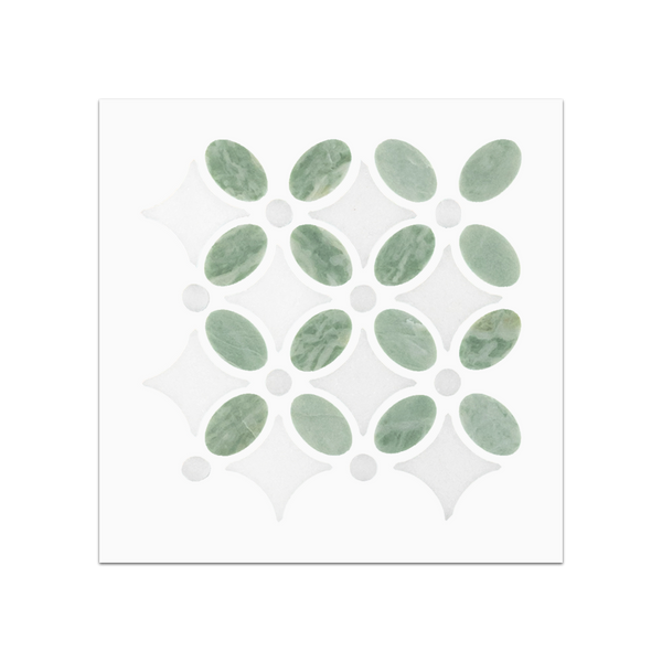 S72 - Tarjeta muestrario pulida de flor verde Ming con mosaico de Thassos blanco