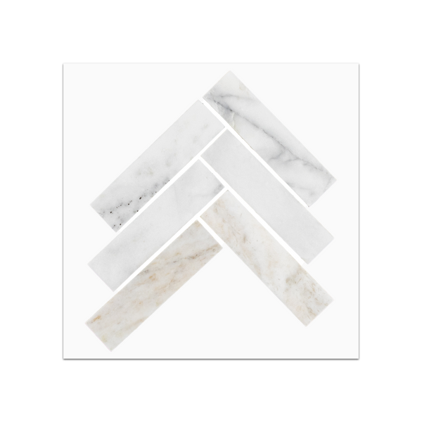 S77 - Bianco Oro 1" x 4" Herringbone Mosaic Honed Swatch Card