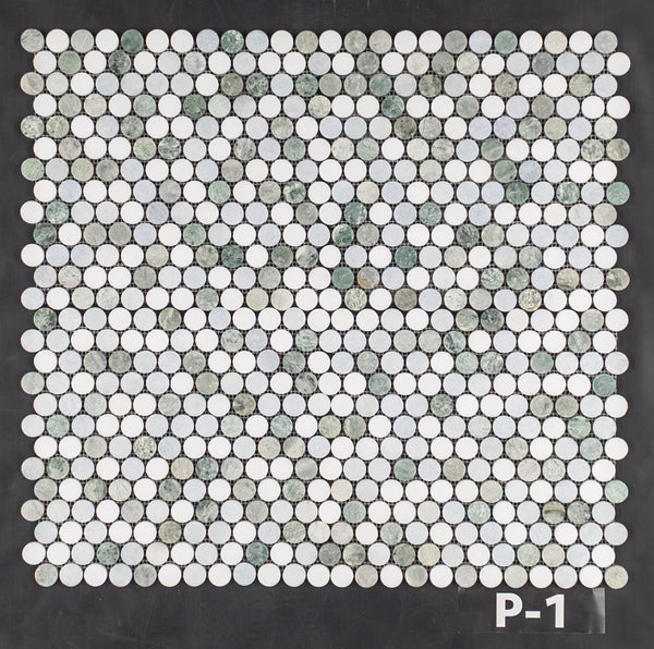 Tri-Blend (Ming Green/White Thassos/Blue Celeste) 1" Rounds Mosaic Polished - Elon Tile & Stone