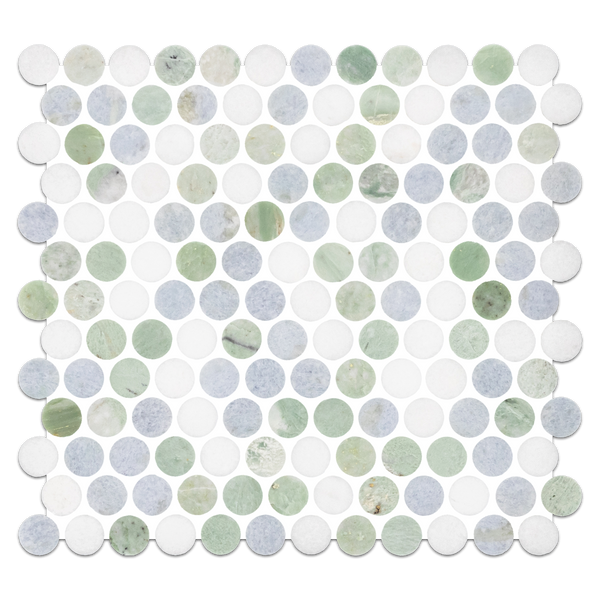 Tri-Blend (Ming Green/White Thassos/Blue Celeste) 1" Rounds Mosaic Polished - Elon Tile & Stone