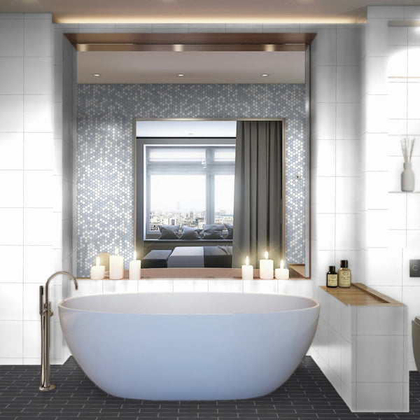 Mosaico hexagonal blanco Thassos y azul Celeste de 2" pulido