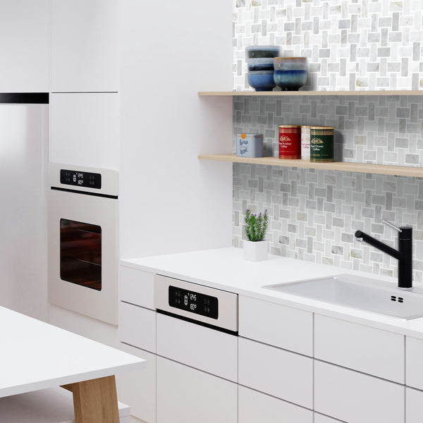 Bianco Oro Basketweave with White Thassos Dot Mosaic Honed