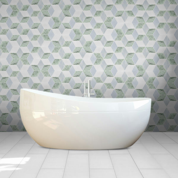 Blue Celeste, Emerald Green & White Thassos Trillium Mosaic Honed