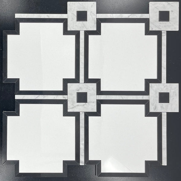 Crystal White Sintra with Carrara and Black Waterjet Polished
