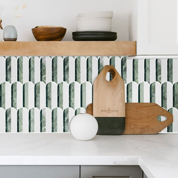 Notte Verde, Emerald Green & White Thassos Tri-Blend Wave Mosaic Honed