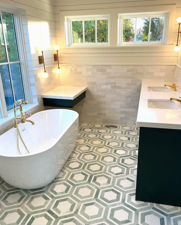 White Absolute Honeycomb with Ming Green Mosaic Honed