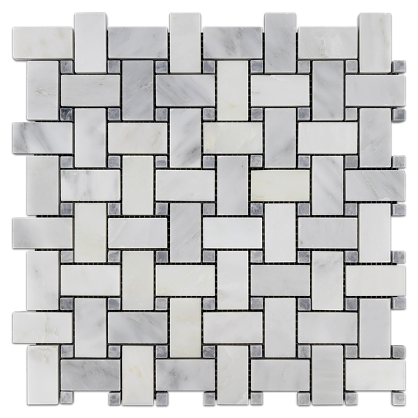 Pearl White Basketweave with Pacific Gray Dot Mosaic Honed (1 sf) - Elon Tile