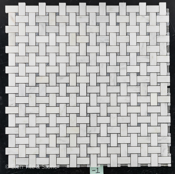 Pearl White Basketweave with 3/8" Pacific Gray Dot Mosaic Polished