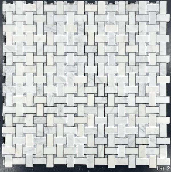 Pearl White Basketweave with 3/8" Pacific Gray Dot Mosaic Polished