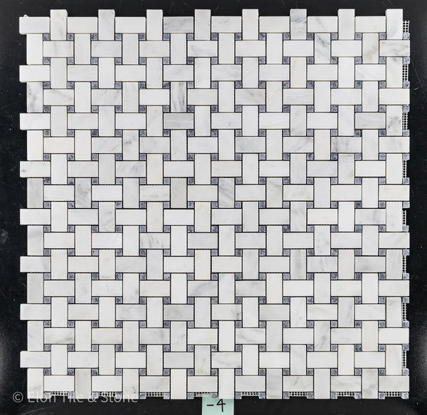 Pearl White Basketweave with 3/8" Pacific Gray Dot Mosaic Polished
